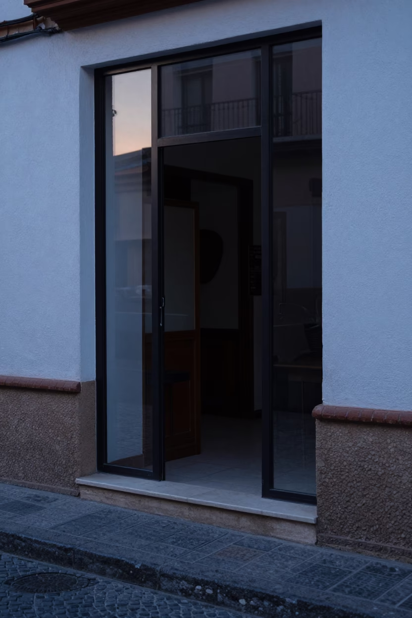 Early Morning Granada Street Scene with Clear Glass Doorframe and Wicker Shadow Before Sunrise in in Granada, Spain