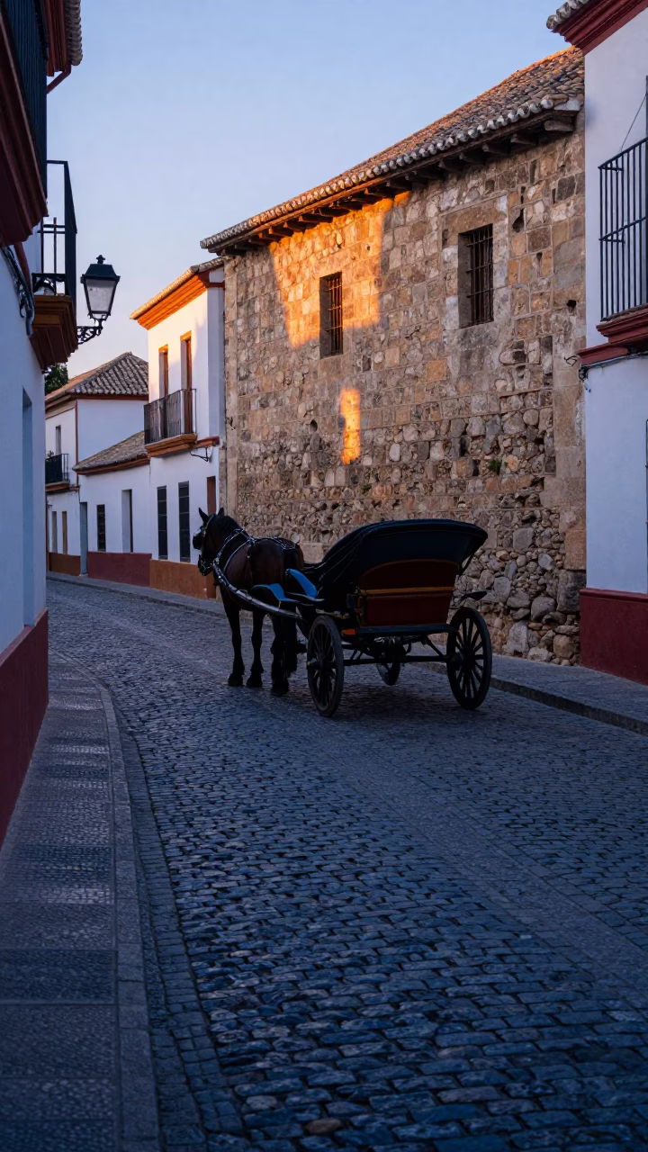 Early Morning Granada Street Scene with Cobblestones and Traditional Architecture Before Sunrise in in Granada, Spain