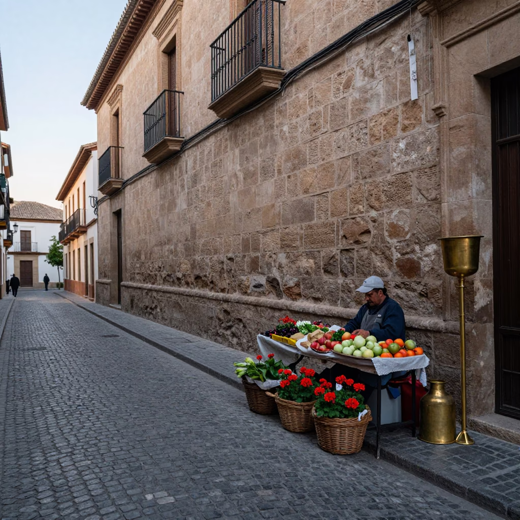 Early Morning Granada Street Scene with Geraniums and Brass Details in in Granada, Spain