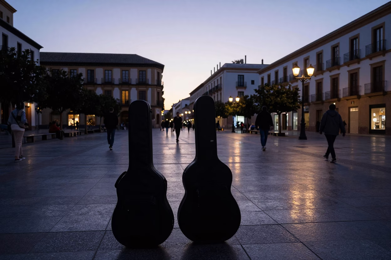 Early Morning Granada Street Scene with Guitar Case and Local Commuters Before Sunrise in in Granada, Spain