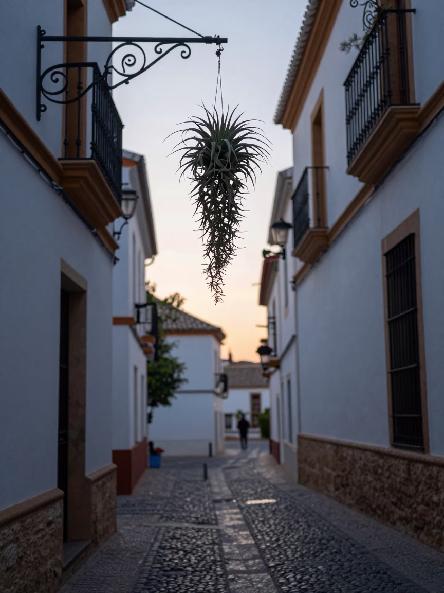 Early Morning Granada Street Scene with Hanging Air Plant and Cobblestone Alleyway in in Granada, Spain