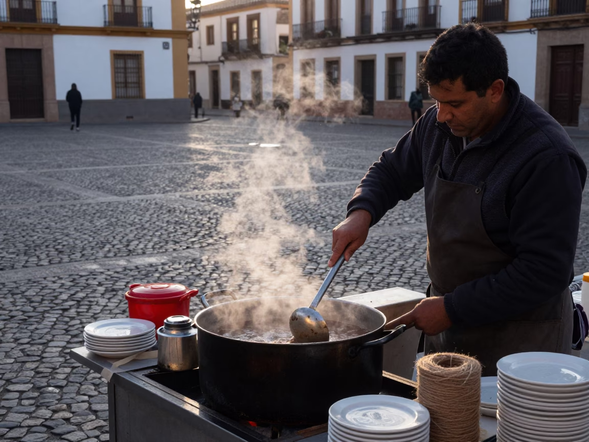 Early Morning Granada Street Scene with Ladle and Twine in Andalusian Plaza in in Granada, Spain