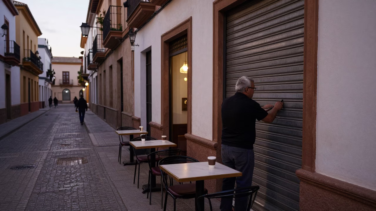 Early Morning Granada Street Scene with Local Coffee Break Before Dawn in in Granada, Spain