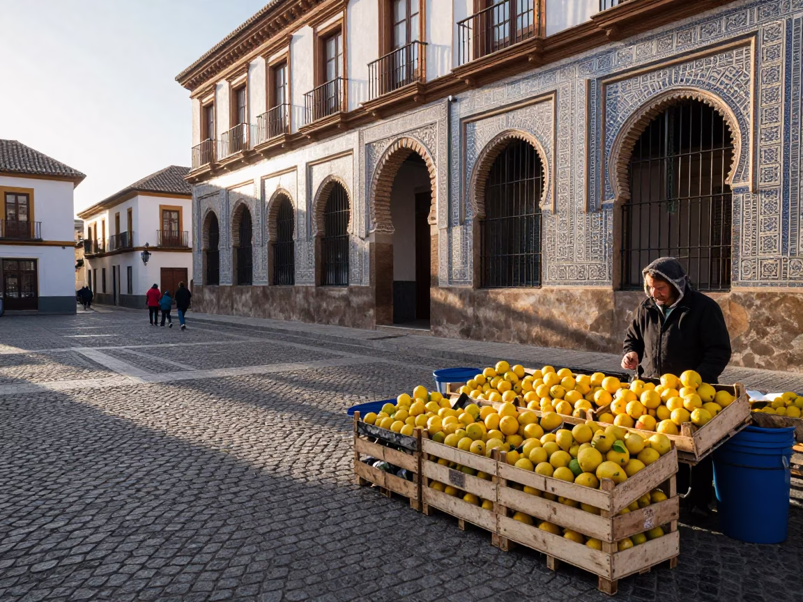 Early Morning Granada Street Scene with Local Market Goods and Traditional Architecture in in Granada, Spain