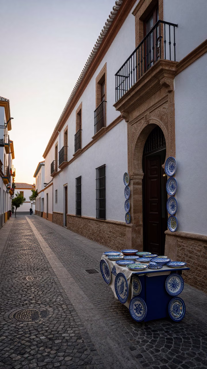 Early Morning Granada Street Scene with Majolica Plates and Local Market Activity in in Granada, Spain