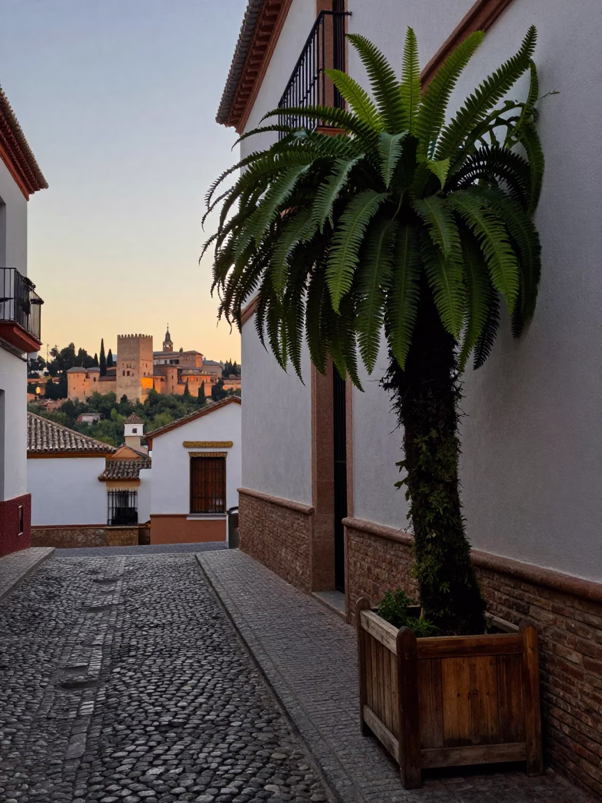 Early Morning Granada Street Scene with Staghorn Fern and Historic Alhambra Views in in Granada, Spain