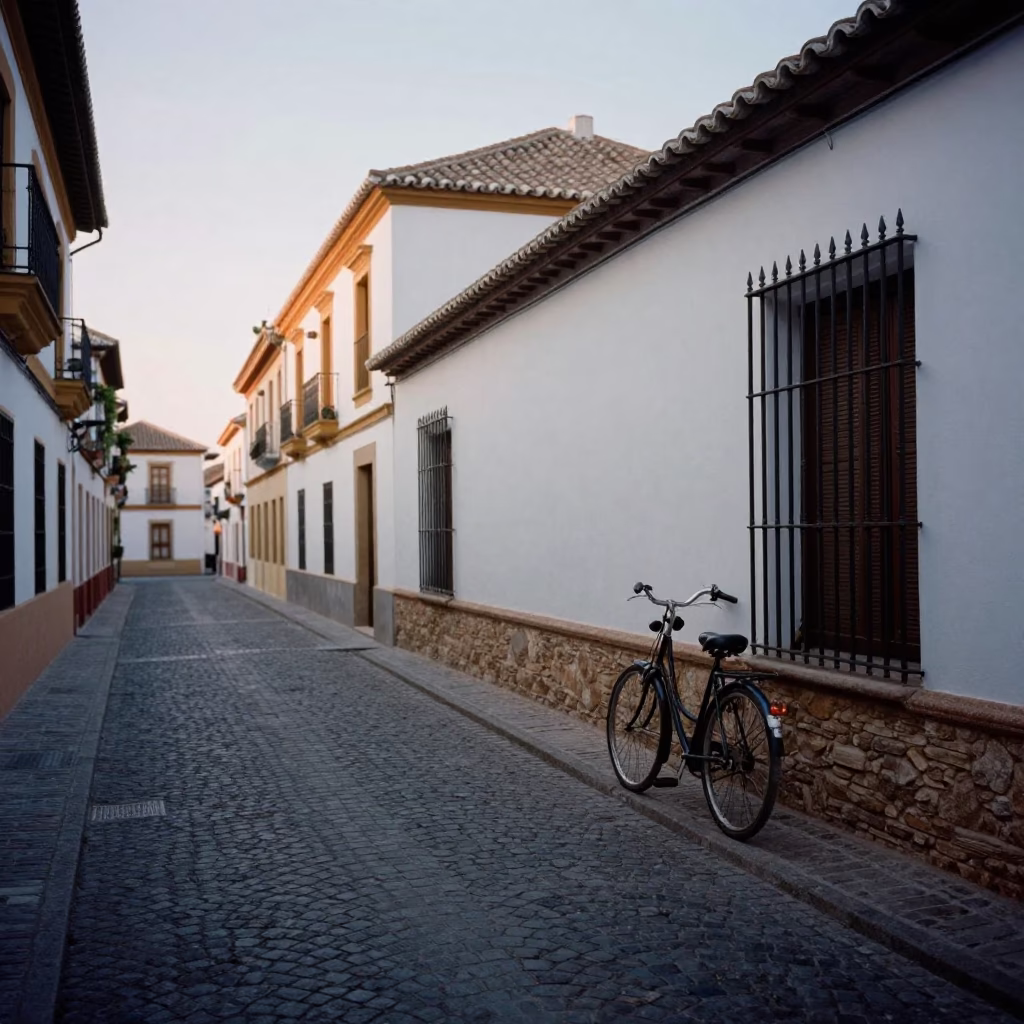 Early Morning Granada Street Scene with Vintage Bicycle and Local Market Activity Before Sunrise in in Granada, Spain