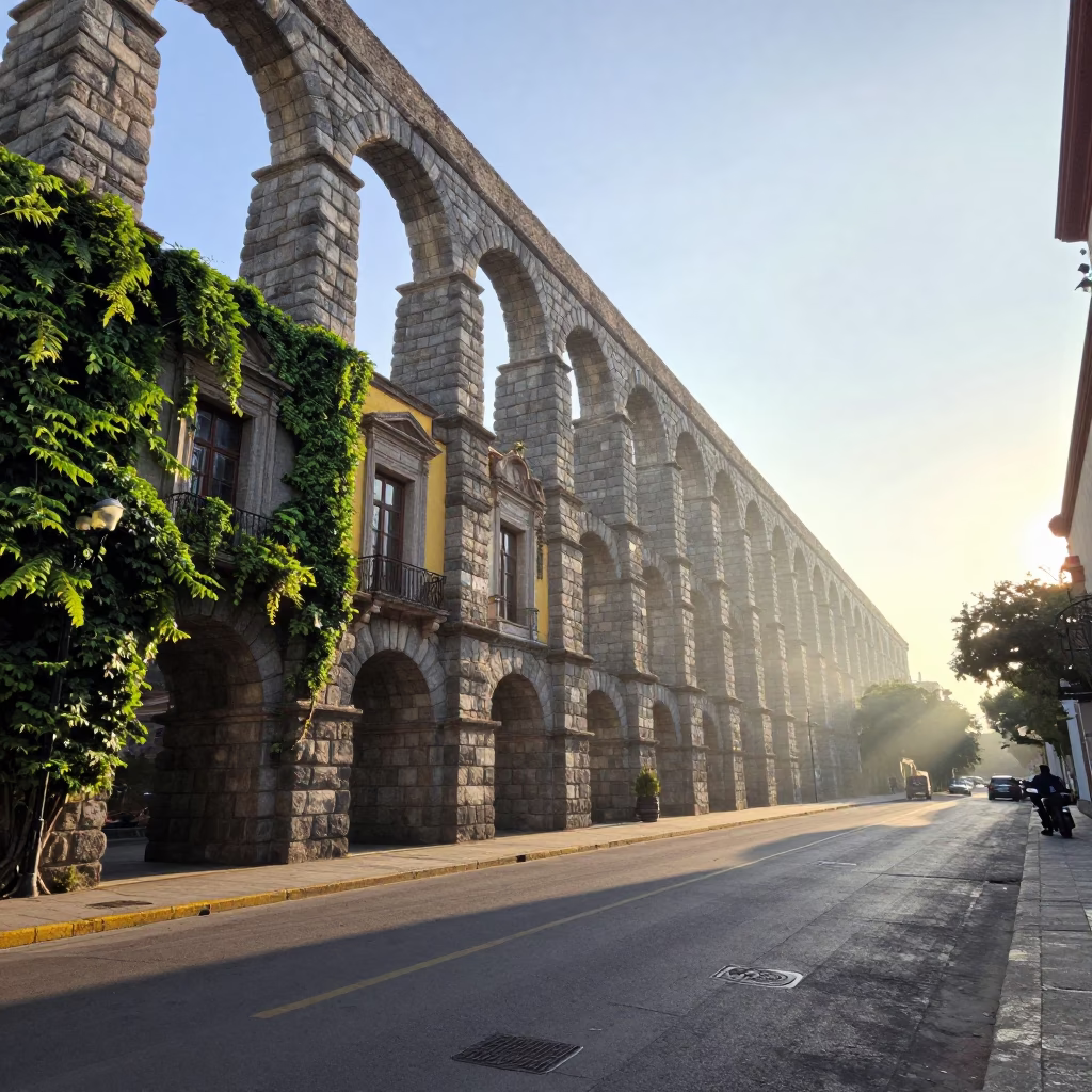 Early Morning Guadalajara Street Scene with Aqueduct and Ivy in in Guadalajara, Mexico