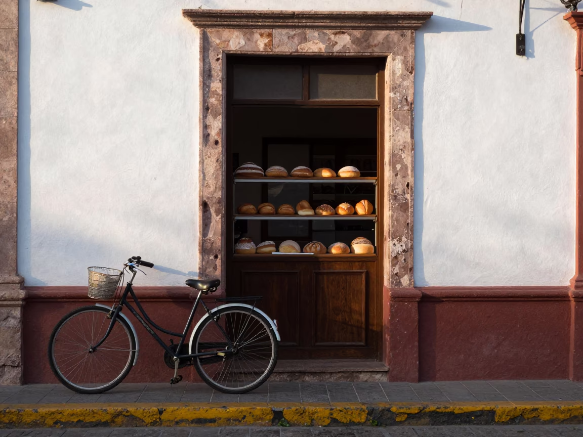 Early Morning Guadalajara Street Scene with Bicycle and Bakery at Dawn in in Guadalajara, Mexico