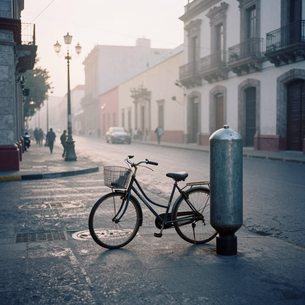 Early Morning Guadalajara Street Scene with Bicycle and Condensation in in Guadalajara, Mexico