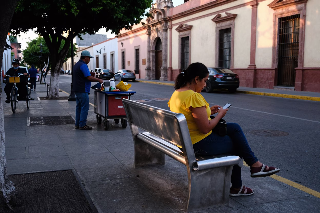 Early Morning Guadalajara Street Scene with Brushed Steel Bench and Local Commuters in in Guadalajara, Mexico