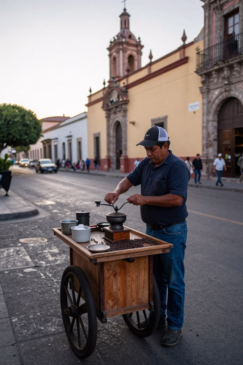 Early Morning Guadalajara Street Scene with Coffee Grinder and Local Vendor in in Guadalajara, Mexico