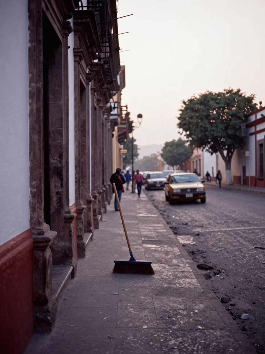 Early Morning Guadalajara Street Scene with Dust Brush and Local Morning Routine in in Guadalajara, Mexico
