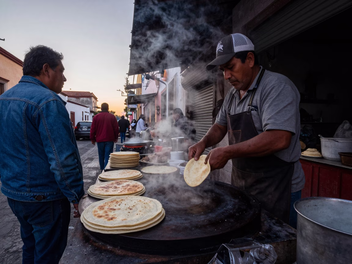 Early Morning Guadalajara Street Scene with Fresh Tortillas and Local Commerce Before Dawn in in Guadalajara, Mexico
