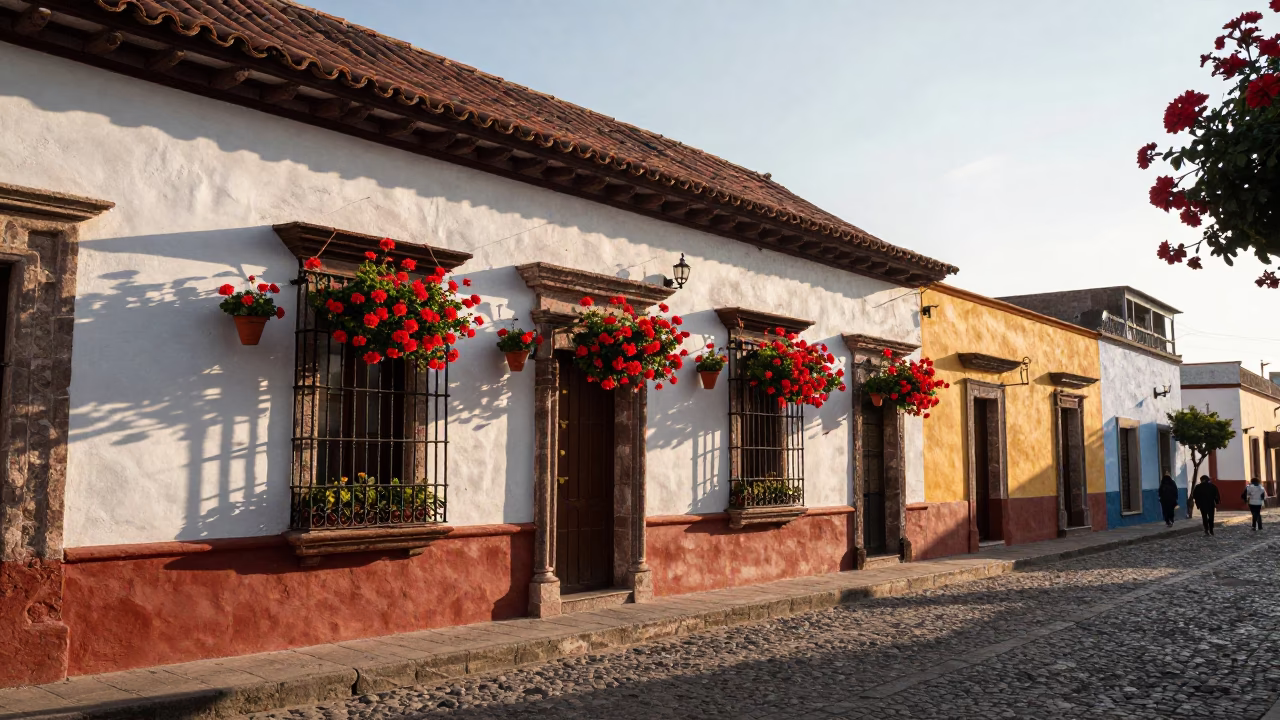 Early Morning Guadalajara Street Scene with Geraniums and Local Architecture in in Guadalajara, Mexico