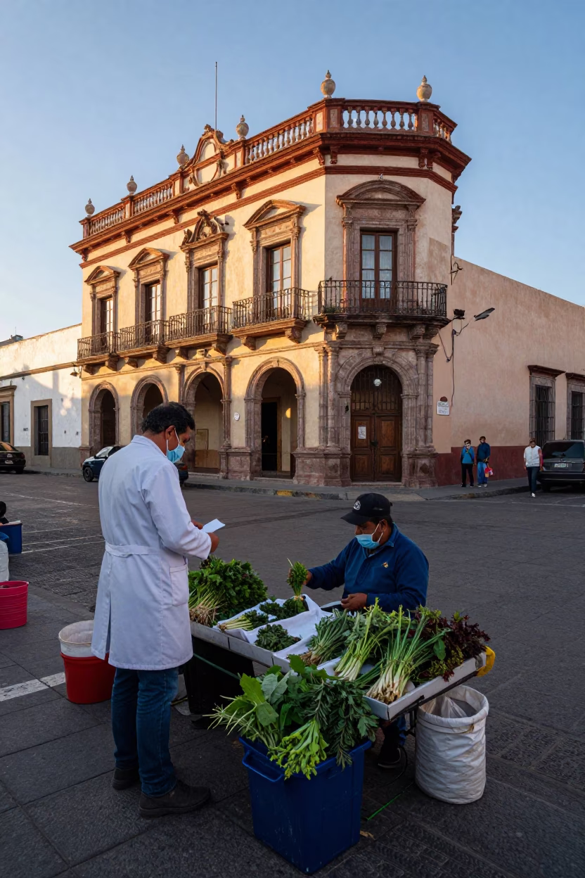 Early Morning Guadalajara Street Scene with Herbalist Vendor and Cobalt Glass Beaker in in Guadalajara, Mexico