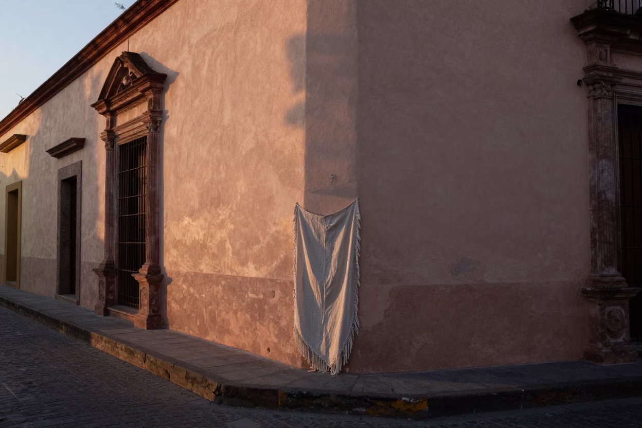 Early Morning Guadalajara Street Scene with Linen Fringe and Paint Flecks in in Guadalajara, Mexico