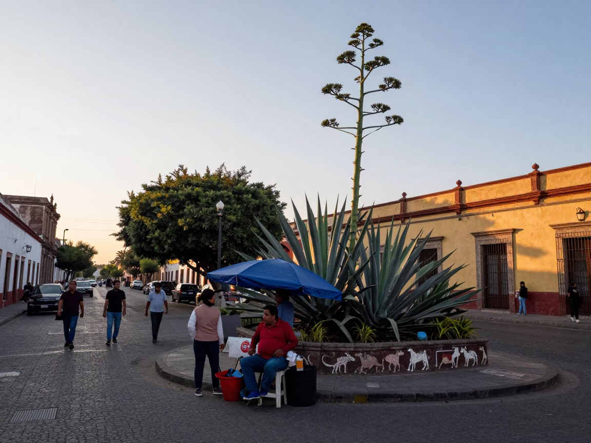Early Morning Guadalajara Street Scene with Local Vendor and Agave Plant in in Guadalajara, Mexico