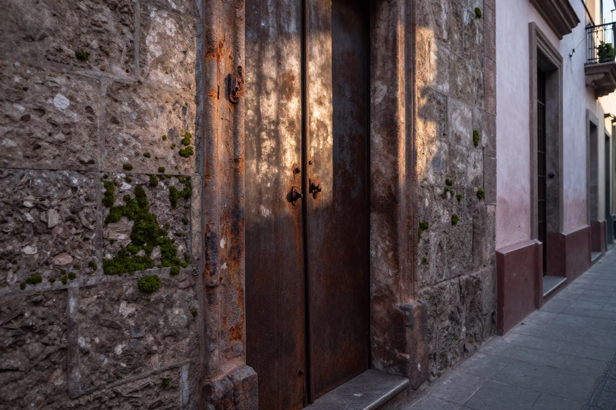 Early Morning Guadalajara Street Scene with Rusty Metal and Stone Wall Details in in Guadalajara, Mexico
