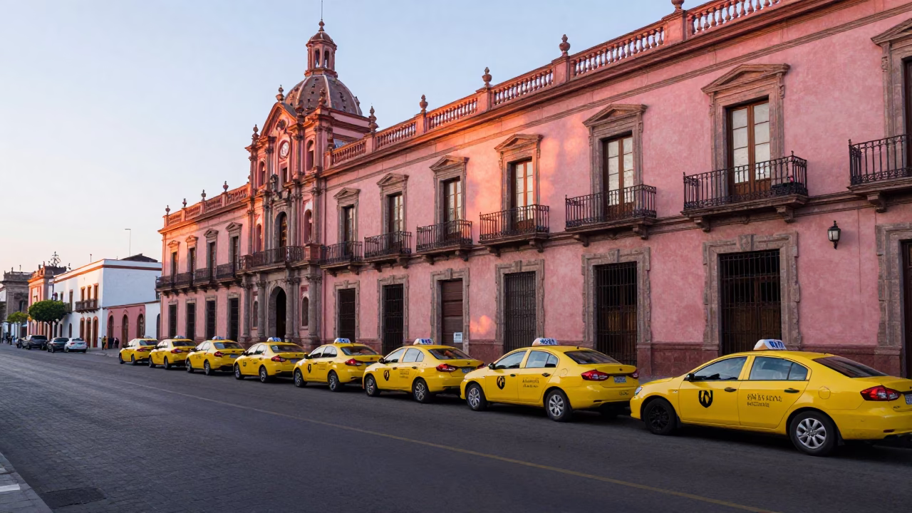 Early Morning Guadalajara Street Scene with Taxi Rank and Colonial Architecture in in Guadalajara, Mexico