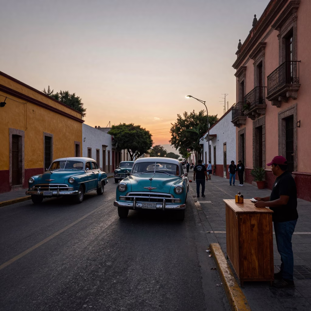 Early Morning Guadalajara Street Scene with Vintage Car and Local Vendor in in Guadalajara, Mexico