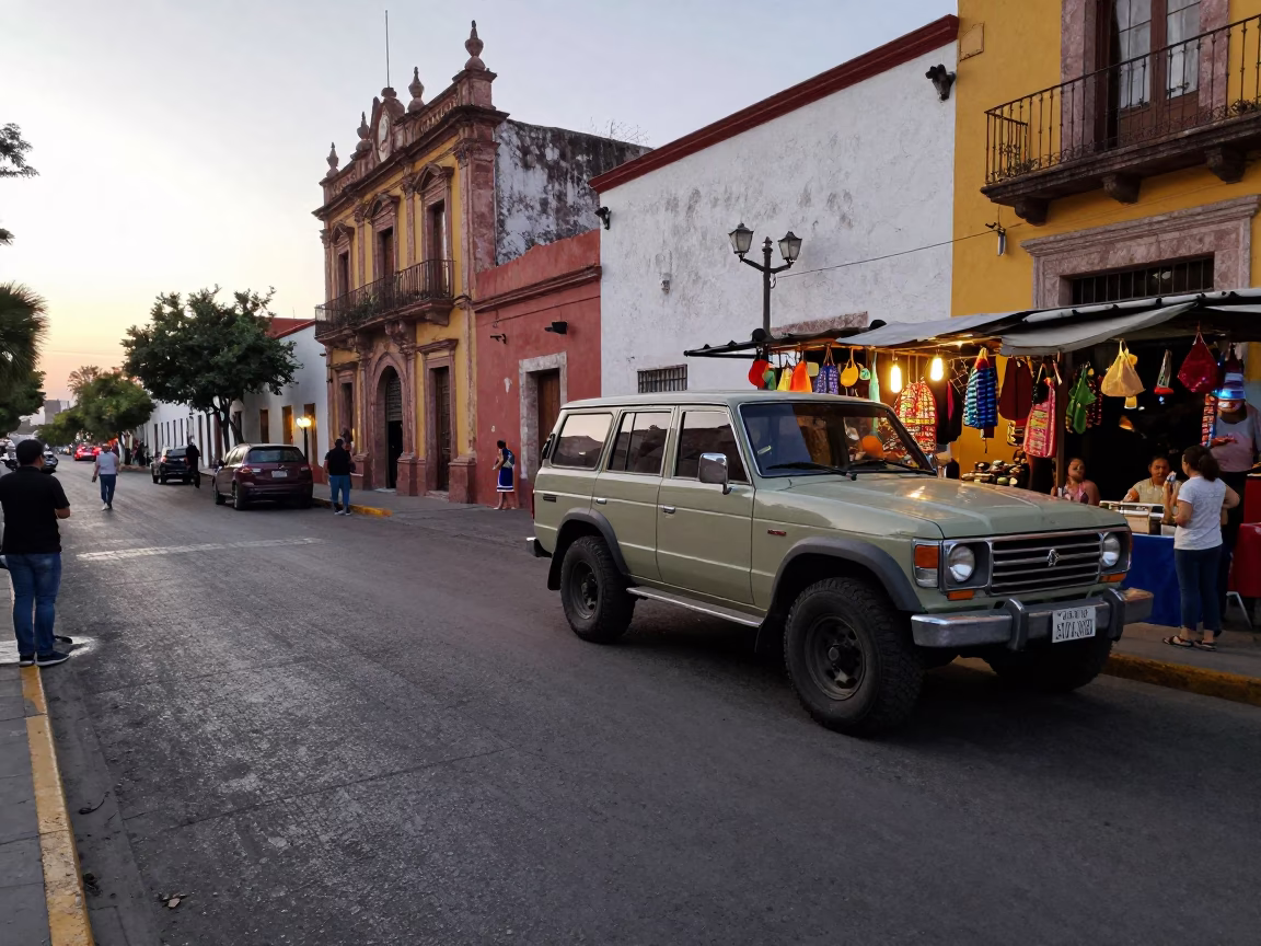 Early Morning Guadalajara Street Scene with Vintage SUV and Local Market Activity in in Guadalajara, Mexico