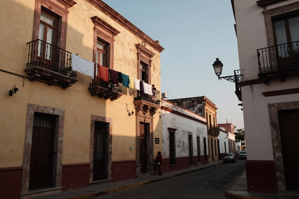 Early Morning Guadalajara Street Scene with Woman Hanging Laundry Between Apartment Buildings at Sunrise in in Guadalajara, Mexico