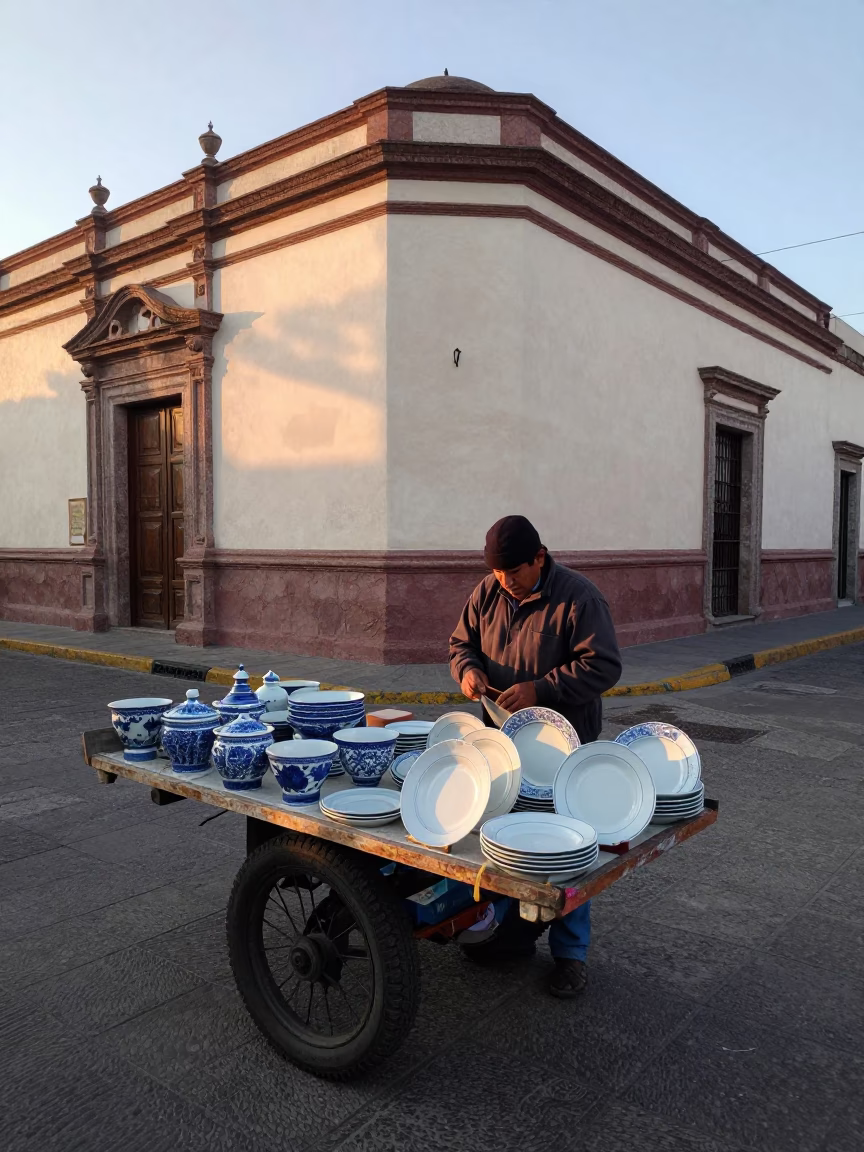Early Morning Guadalajara Street Vendor with Blue Porcelain and Trowel in in Guadalajara, Mexico