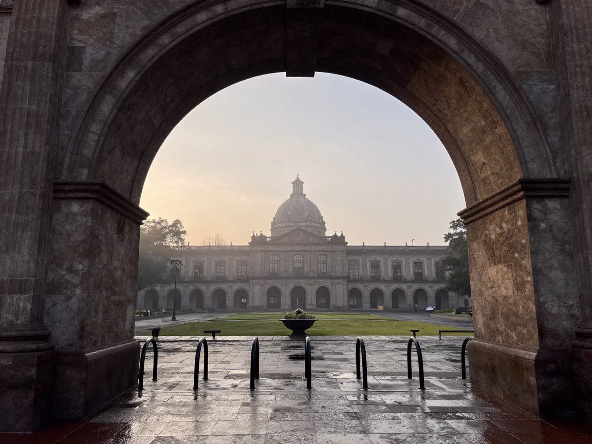 Early Morning Guadalajara University Archway Framing Wet Bicycle Rack in in Guadalajara, Mexico