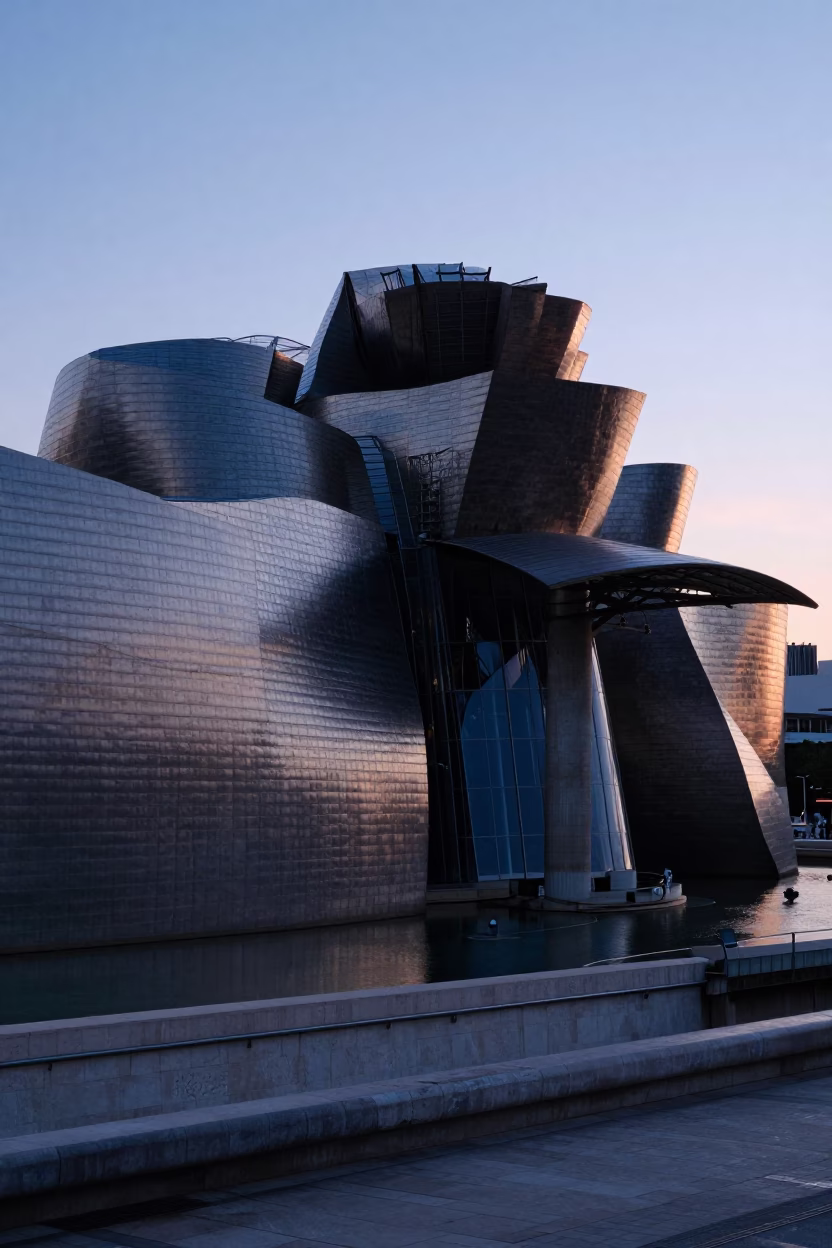 Early Morning Guggenheim Bilbao Architecture Before Sunrise in in Bilbao, Spain