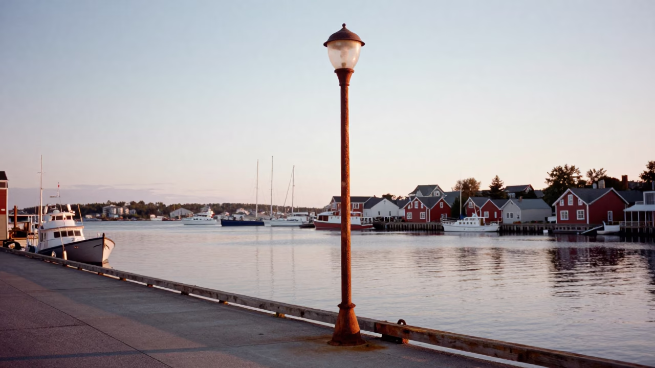 Early Morning Halifax Harbor Scene with Rusty Lamp Post and Oil-Slick Water Reflections in in Halifax, Nova Scotia, Canada