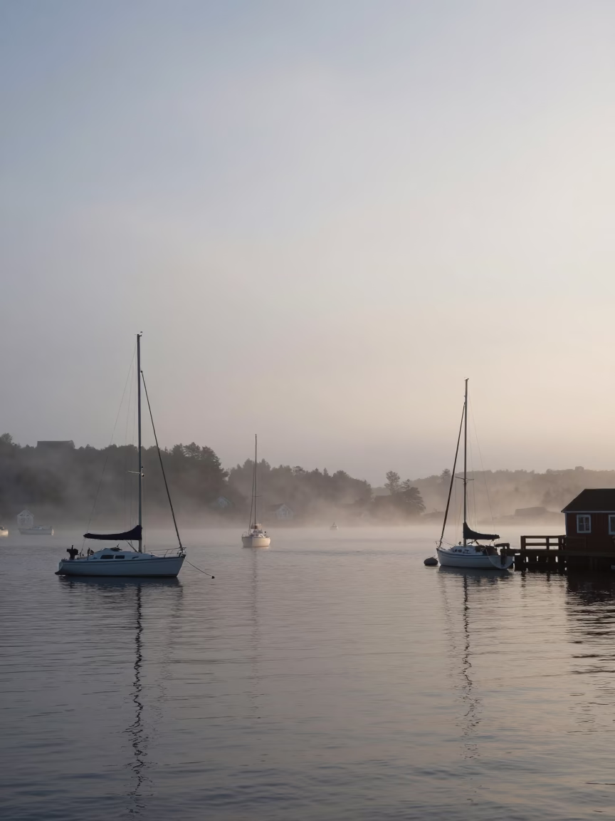 Early Morning Halifax Harbor View with Sailboats and Misty Waterfront in in Halifax, Nova Scotia, Canada