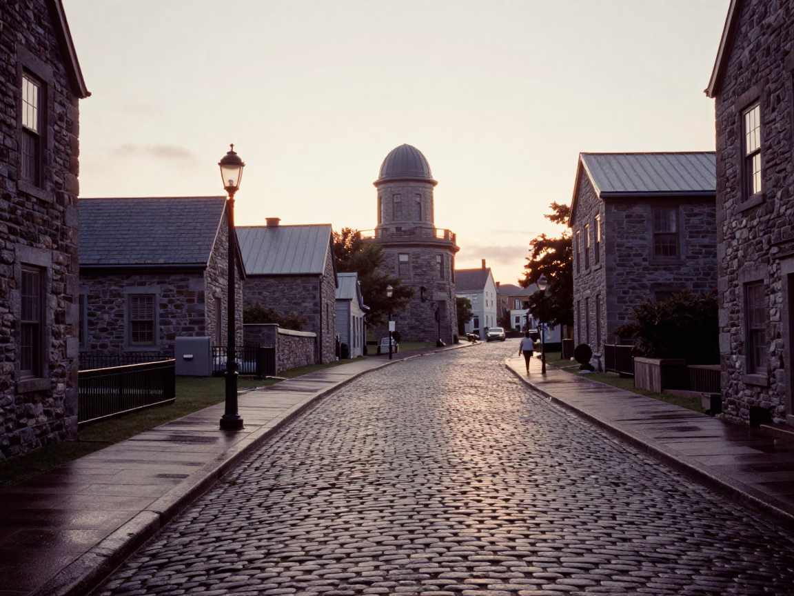 Early Morning Halifax Nova Scotia Cobblestone Street Scene with Stone Observatory Hilltop View in in Halifax, Nova Scotia, Canada