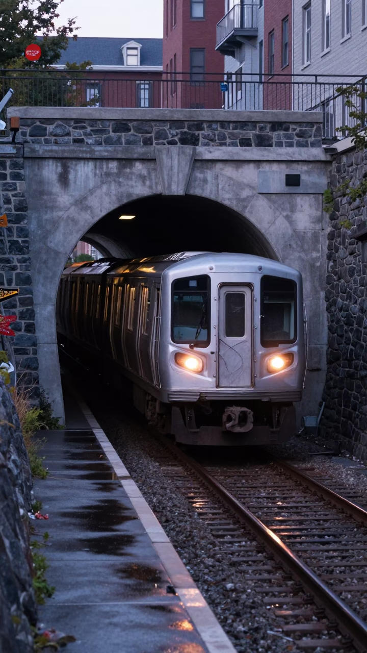 Early Morning Halifax Nova Scotia Metro Train Emerging from Tunnel into Daylight in in Halifax, Nova Scotia, Canada