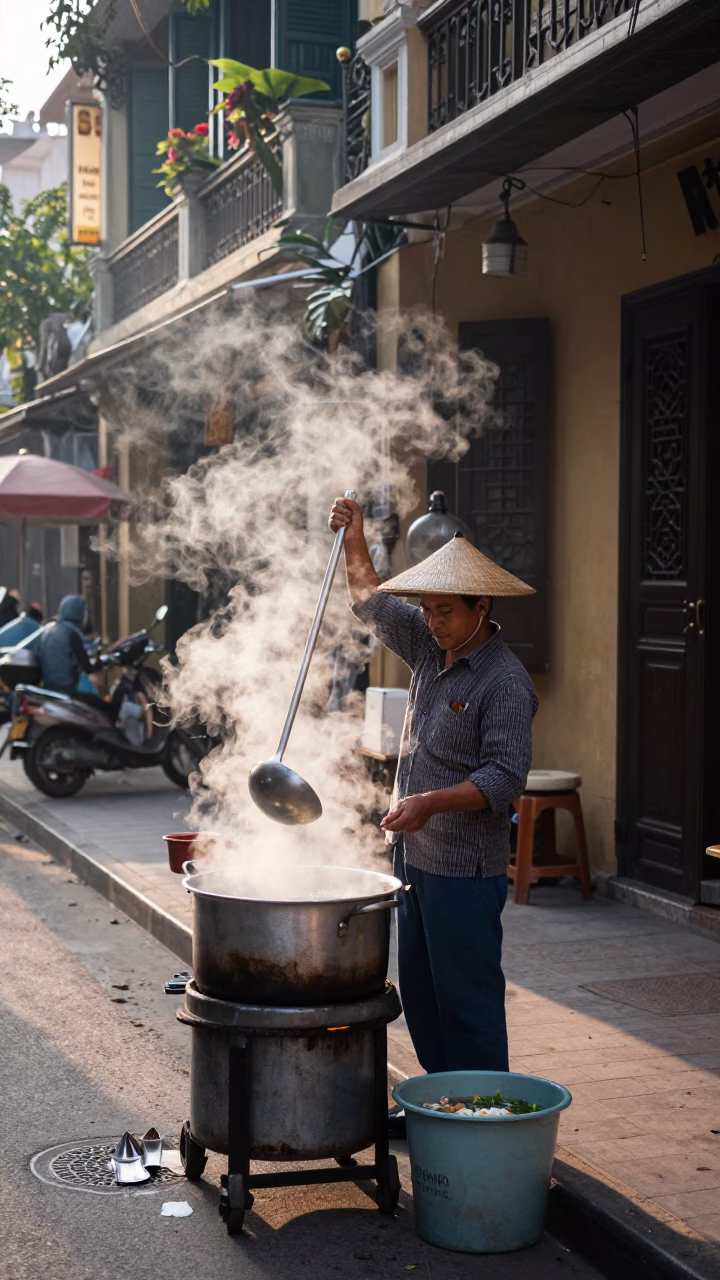 Early Morning Hanoi Street Food Vendor with Steaming Pho and Condiments in in Hanoi, Vietnam