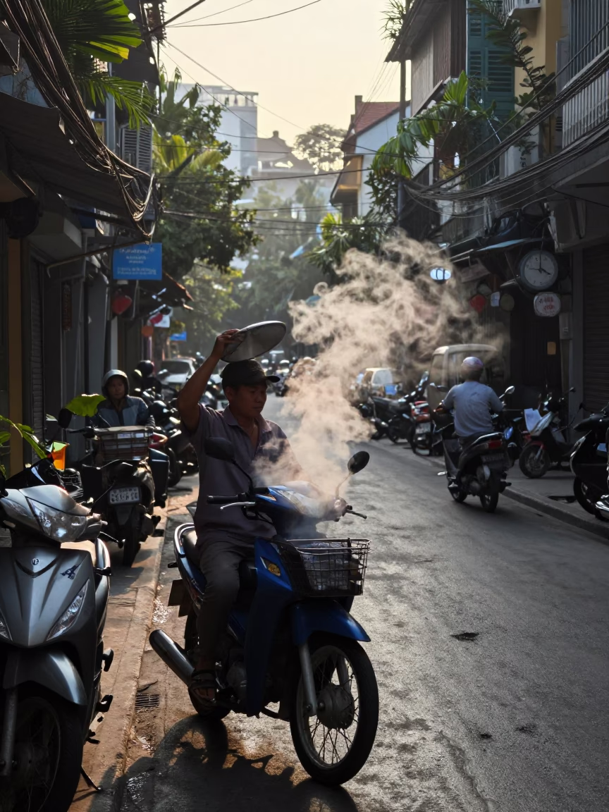 Early Morning Hanoi Street Life Before Sunrise with Motorbikes and Steam in in Hanoi, Vietnam