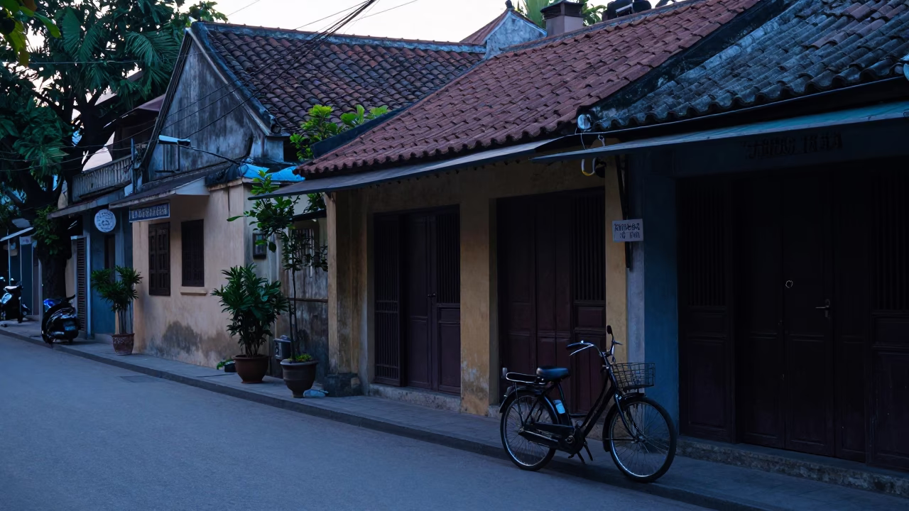 Early Morning Hanoi Street Scene Before Sunrise with Bicycle and Pottery in in Hanoi, Vietnam