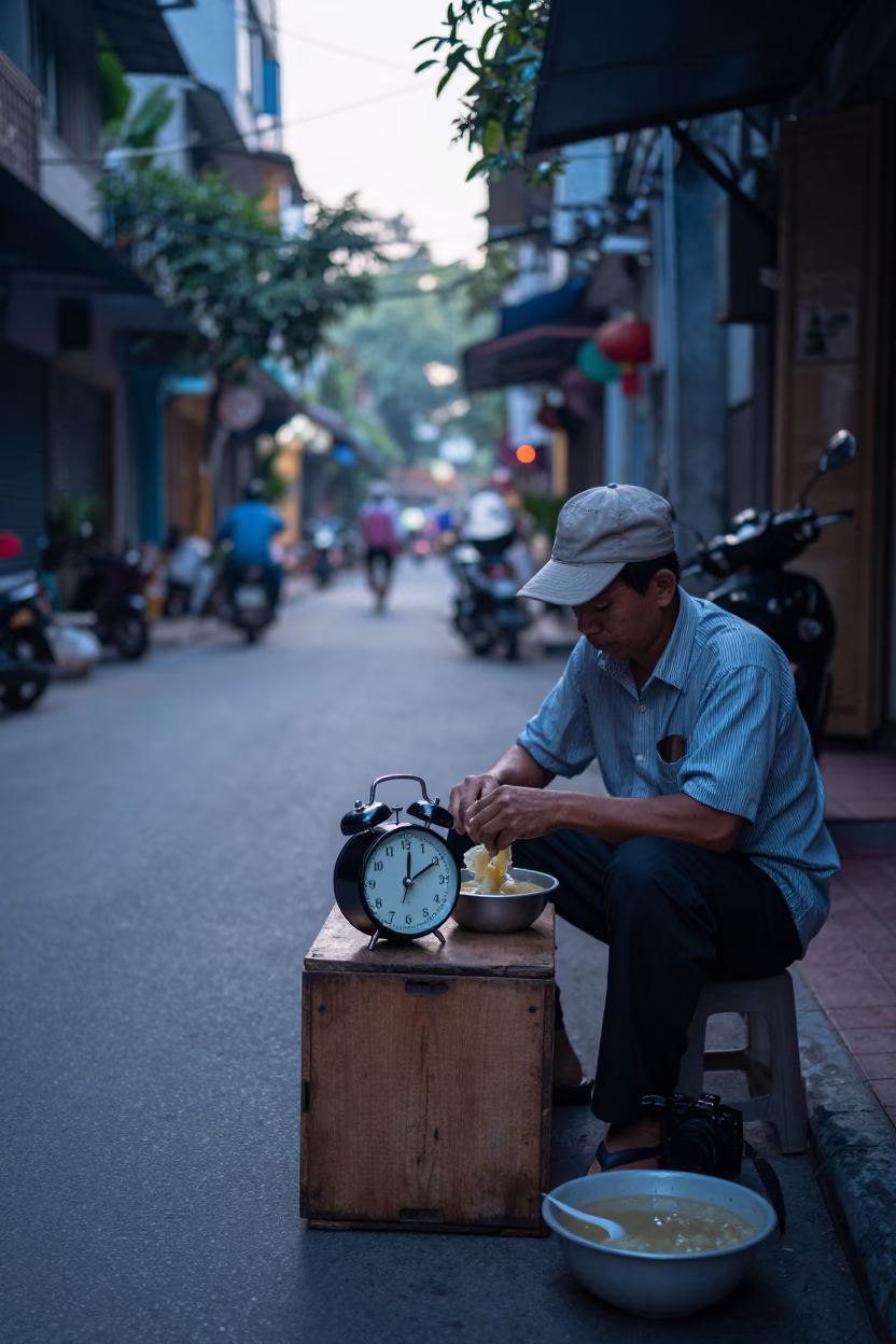 Early Morning Hanoi Street Scene with Alarm Clock and Pencil Sharpener in in Hanoi, Vietnam