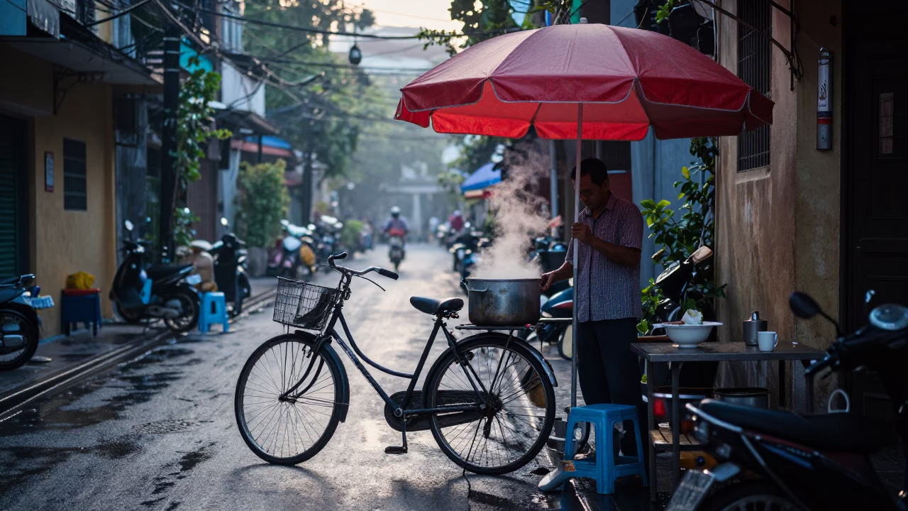 Early Morning Hanoi Street Scene with Bicycle and Coffee Stall in in Hanoi, Vietnam