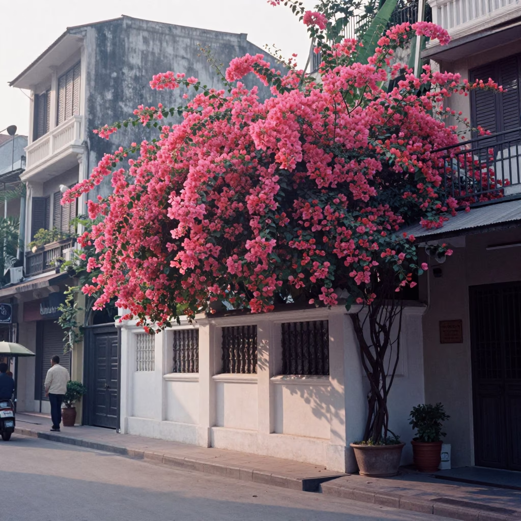 Early Morning Hanoi Street Scene with Bougainvillea and Morning Market Activity in in Hanoi, Vietnam