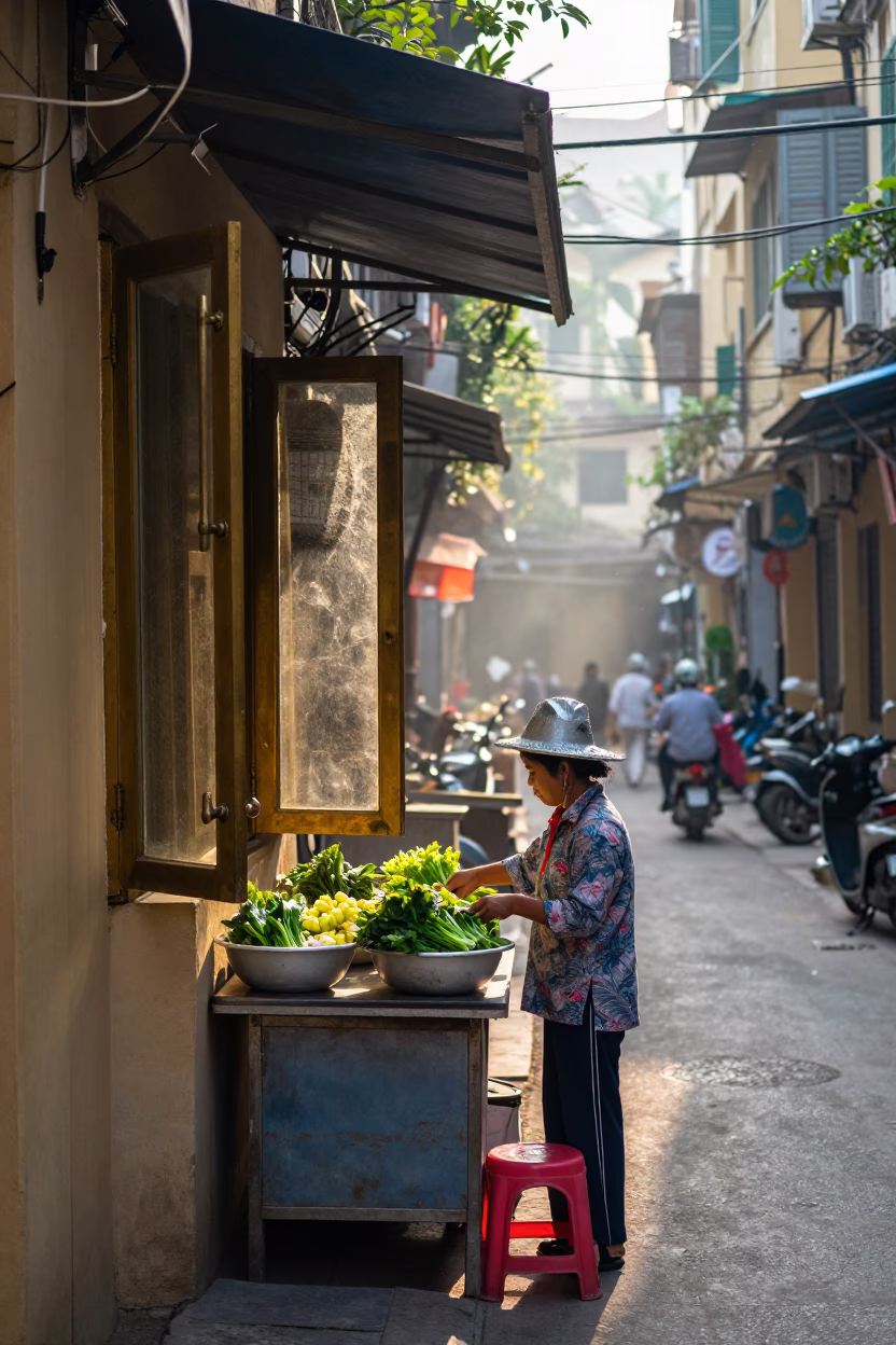 Early Morning Hanoi Street Scene with Brass Window and Grapes in in Hanoi, Vietnam