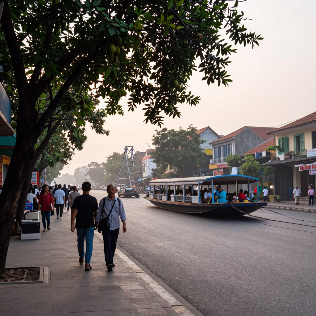 Early Morning Hanoi Street Scene with Chain Ferry and Fig Tree in in Hanoi, Vietnam