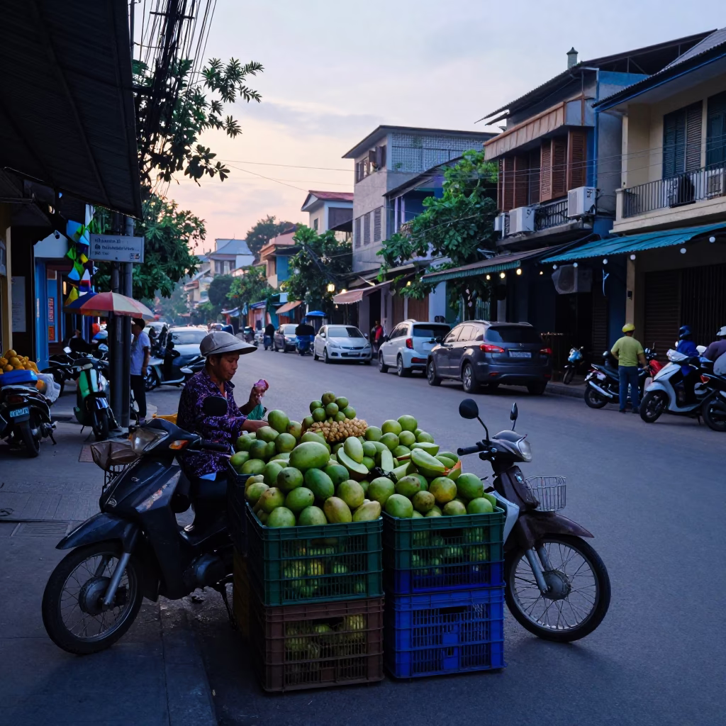Early Morning Hanoi Street Scene with Fruit Crates and Local Commerce at Dawn in in Hanoi, Vietnam