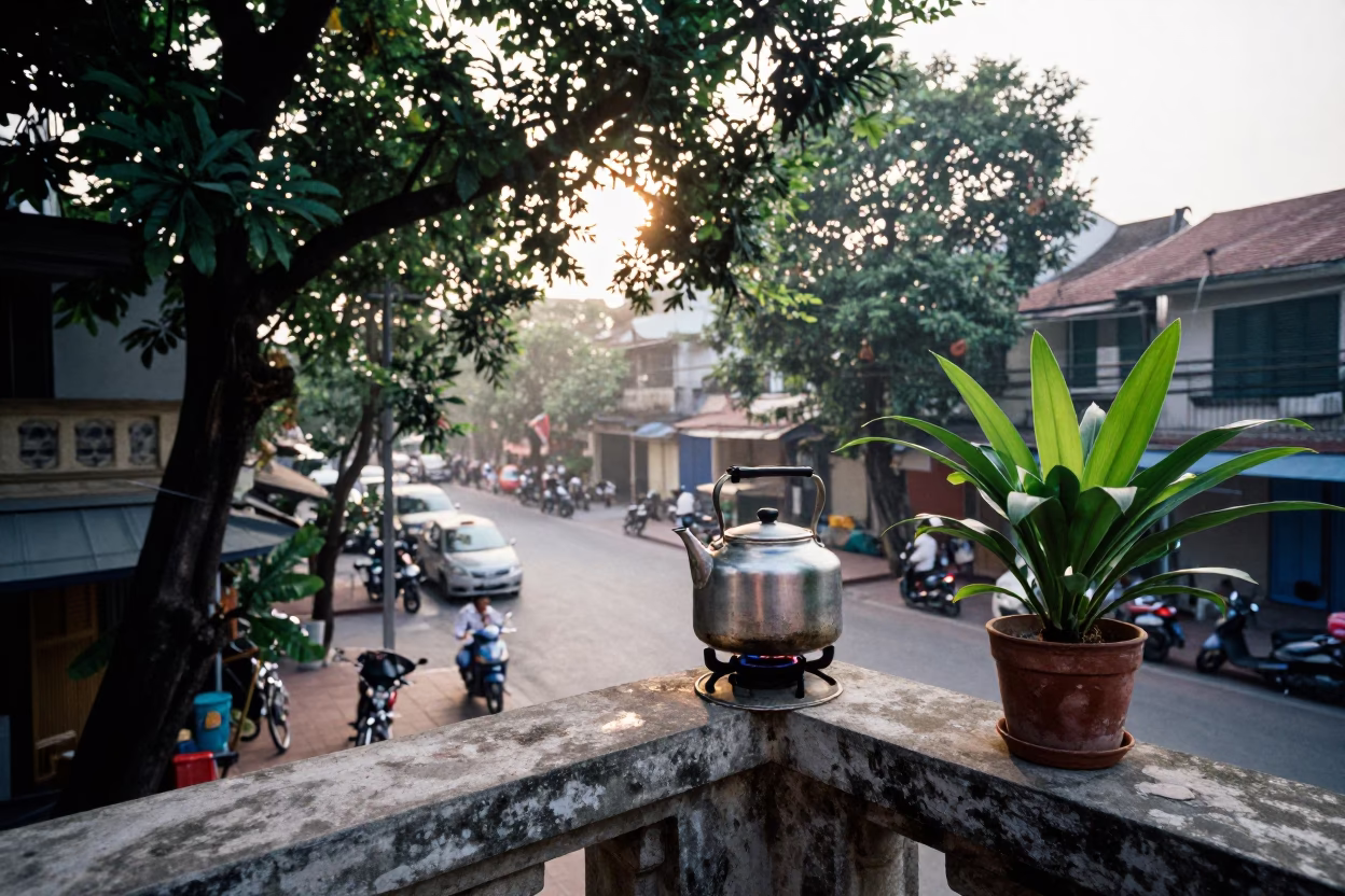 Early Morning Hanoi Street Scene with Kettle and Plant Pot on Balcony in in Hanoi, Vietnam