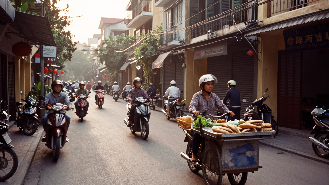 Early Morning Hanoi Street Scene with Motorbikes and Traditional Architecture in in Hanoi, Vietnam