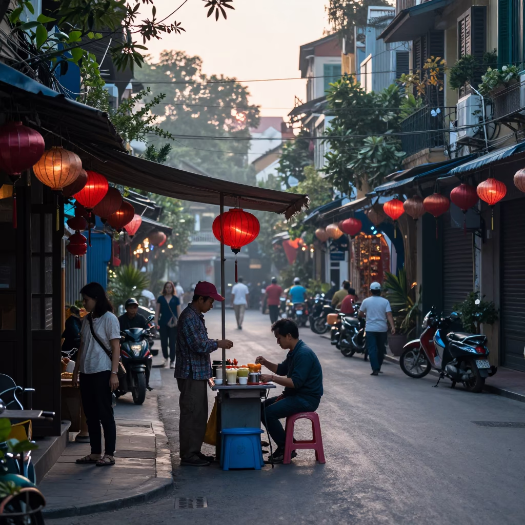 Early Morning Hanoi Street Scene with Paper Lanterns and Local Market Activity in in Hanoi, Vietnam