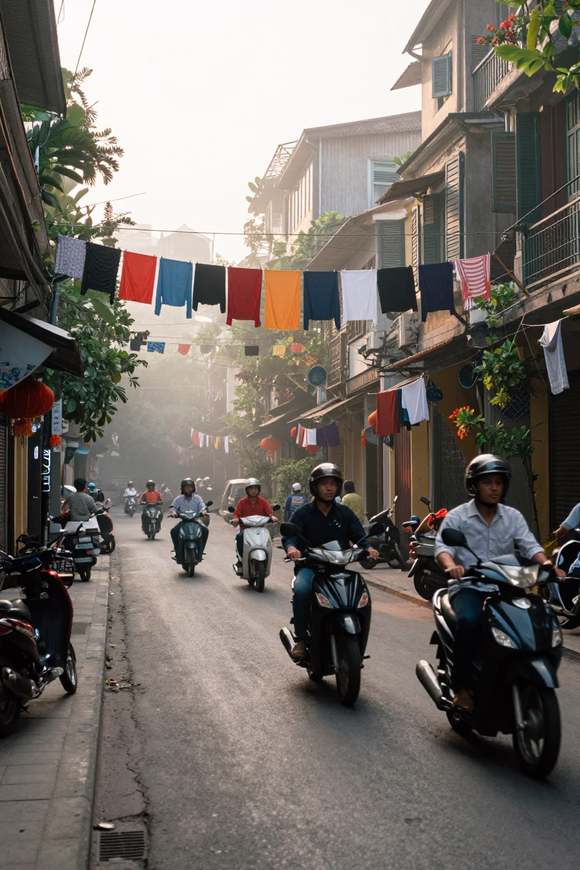 Early Morning Hanoi Street Scene with Scooter Traffic and Drying Laundry in Vietnam in in Hanoi, Vietnam
