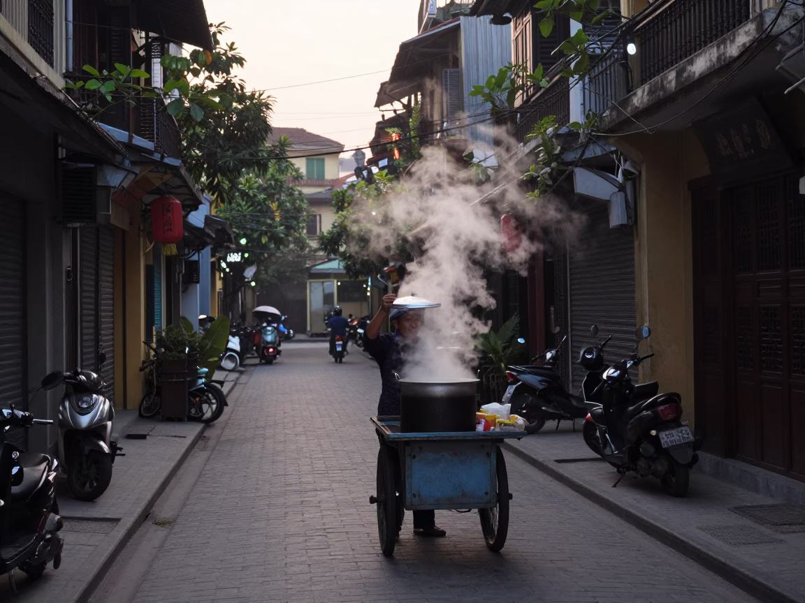Early Morning Hanoi Street Scene with Steam and Traditional Breakfast Before Dawn in in Hanoi, Vietnam