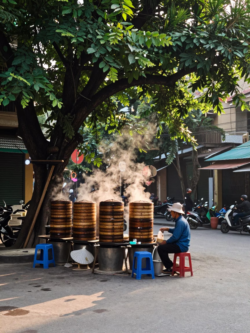 Early Morning Hanoi Street Scene with Tea Stains and Porcelain Bowl in in Hanoi, Vietnam