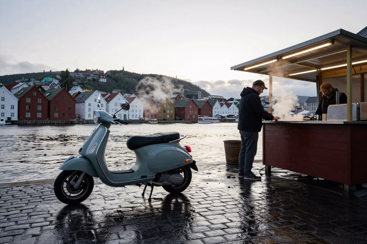 Early Morning Harbor Scene in Bergen Norway with Scooter and Peg Rail in in Bergen, Norway